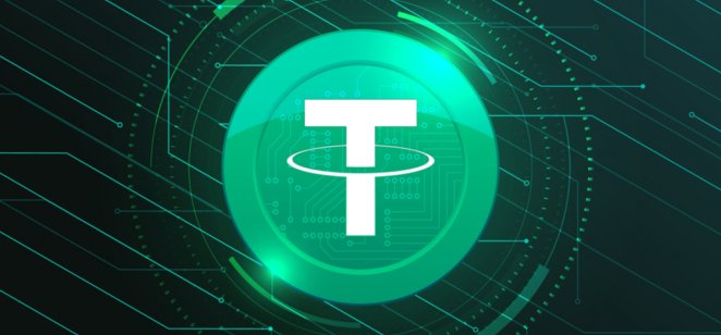 Tether coin with crypto currency themed banner