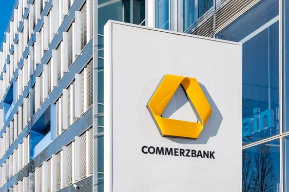 Commerzbank logo displayed on the exterior of a modern office building
