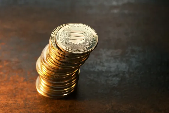 Stack of Solana cryptocurrency coins