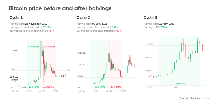 Bitcoin price before and after halvings