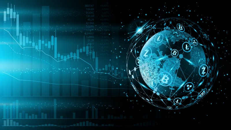 Terra Luna 2.0 Blue futuristic background. Bitcoin and blockchain. Electronic cryptocurrency and modern technologies. Internet banking and financial communications