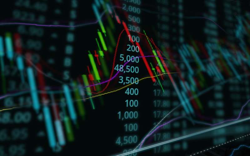 LIC shares price prediction Representative candlestick chart with a double exposure of a graph to illustrate finance