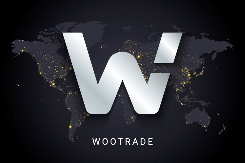 Woo network (WOO) Vector illustration of Wootrade cryptocurrency digital payment system blockchain concept. Cryptocurrency isolated on earth night lights world map background