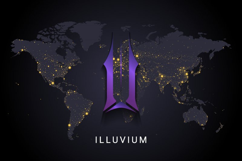 What is ILV Illuvium crypto currency digital payment system blockchain concept. Cryptocurrency isolated on earth night lights world map background. Vector illustration