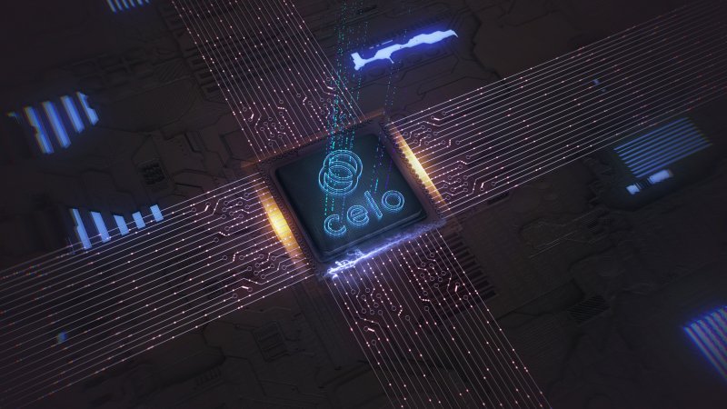 Celo price prediction Celo logo projected in electric blue light onto a graphic background with circuit board detail
