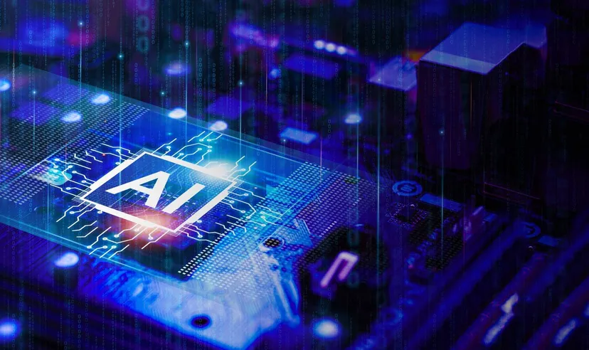 Chip di intelligenza artificiale su scheda elettronica con flussi di dati digitali e rete tecnologica avanzata