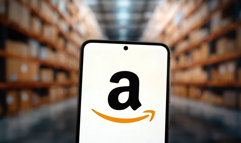 Amazon logo on smartphone in warehouse Smartphone displaying the Amazon logo in front of warehouse shelves, representing e-commerce, logistics, fulfilment, and online retail operations.