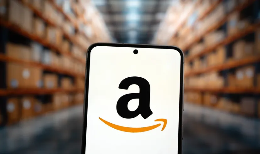 Amazon logo displayed on a smartphone screen with a blurred warehouse background