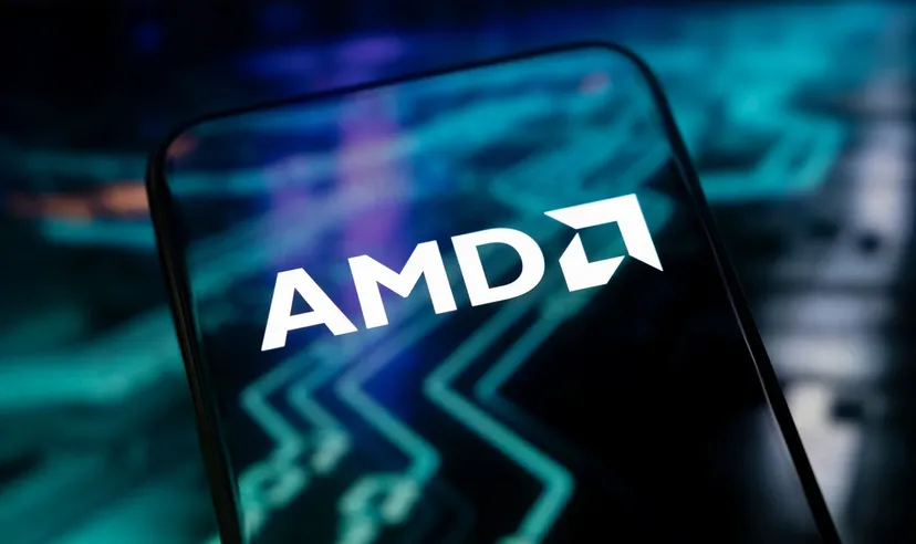 AMD-Logo auf einem Smartphone-Bildschirm mit digitalem Schaltkreis-Hintergrund