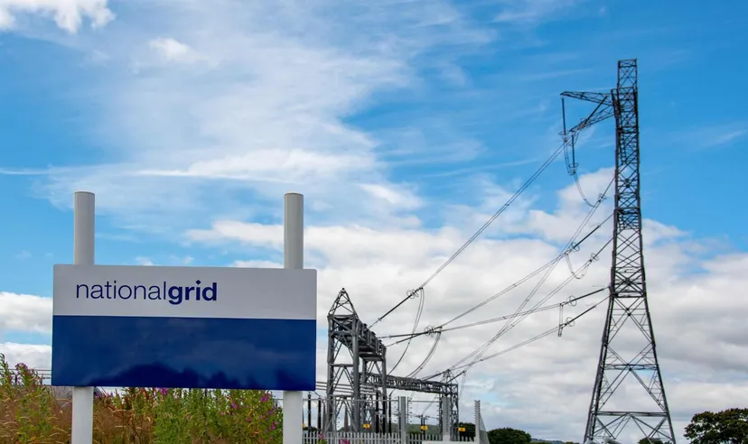 National Grid sign beside an electricity substation with transmission lines and pylons under a blue sky, representing UK energy infrastructure and power distribution. 