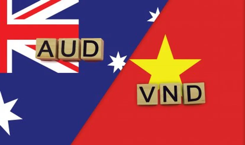 Australia and Vietnam currencies codes on national flags background