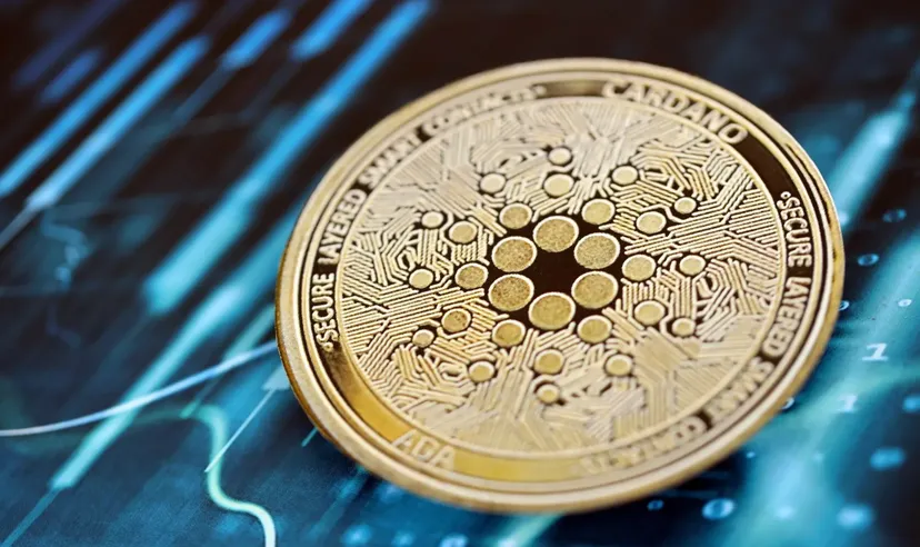 Cardano-Kryptowährungsmünze auf digitalem Chart-Hintergrund platziert