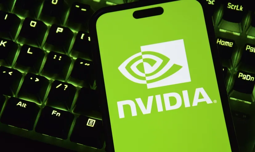 Smartphone displaying the NVIDIA logo on a bright green screen
