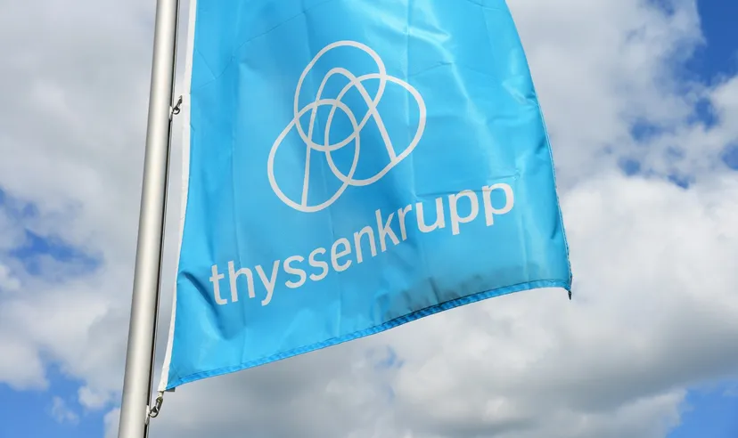 Thyssenkrupp logo on a blue flag