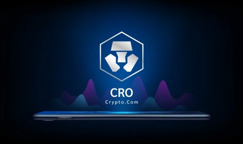 Crypto.com coin icon crypto currency token symbol come out from smartphone with growth chart. Trading cryptocurrency on application. 
