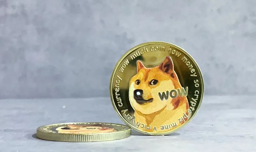 Monete fisiche di Dogecoin con il logo del cane Shiba Inu, una in piedi e una sdraiata
