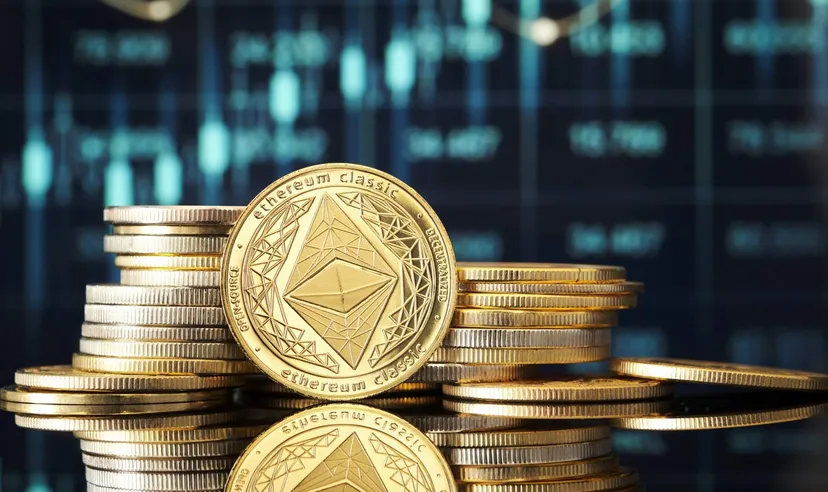 Ethereum cryptocurrency coin placed in front of stacks of gold and silver coins Ethereum cryptocurrency coin placed in front of stacks of gold and silver coins