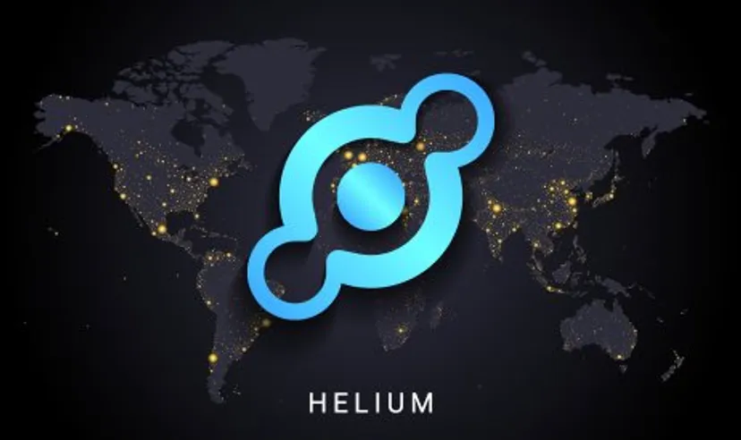 Helium logo on a world map background