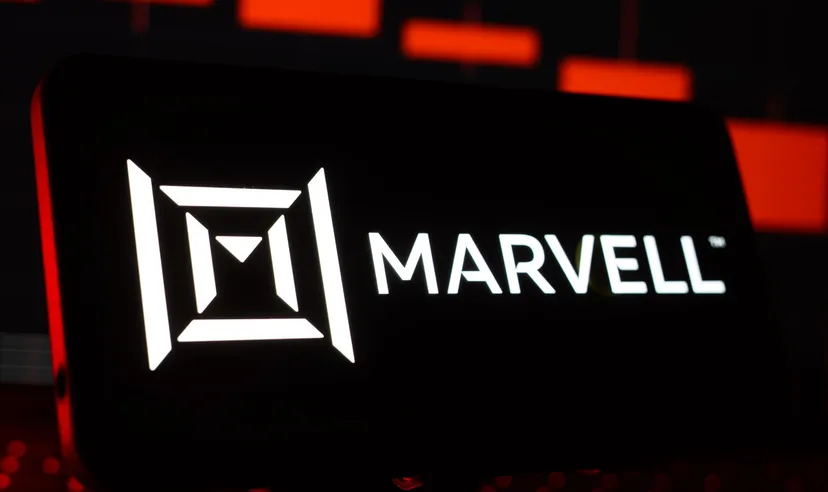 Illuminated Marvel logo on a red background.