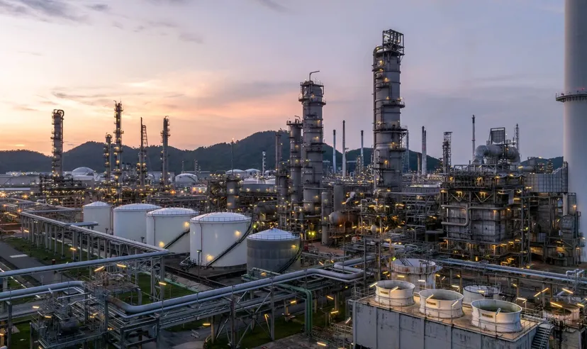 黃昏時分的大型煉油廠與能源基礎設施全景