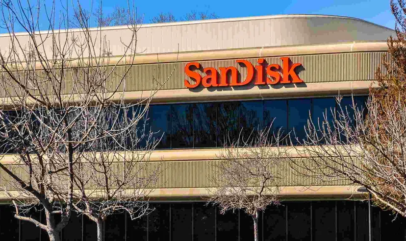 SanDisk logo displayed on the exterior of a company office building, representing the flash memory and data storage technology manufacturer.