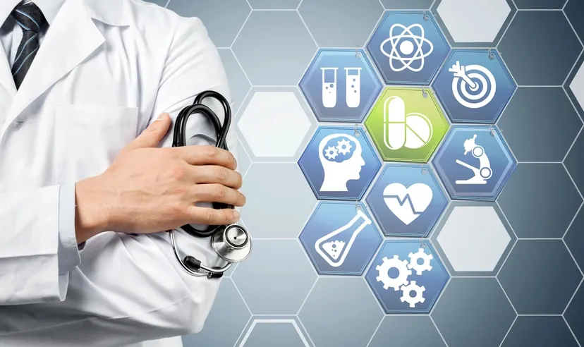 Doctor with a stethoscope and medical icons in the background.