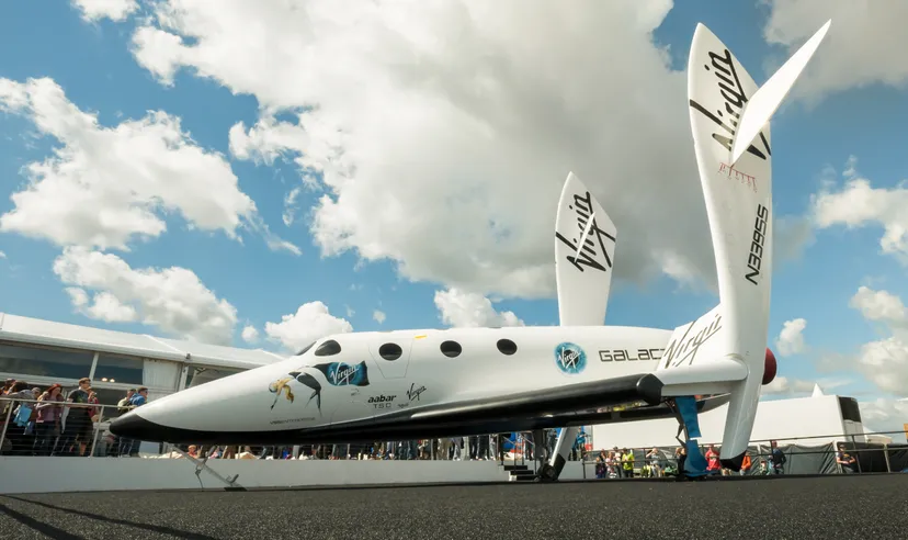 The futuristic Virgin Galactic reusable, sub-orbital spacecraft on static display at the Farnborough International Airshow, UK on July 15, 2012