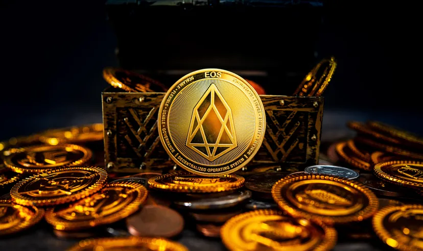 EOS.IO crypto currency in a treasure box