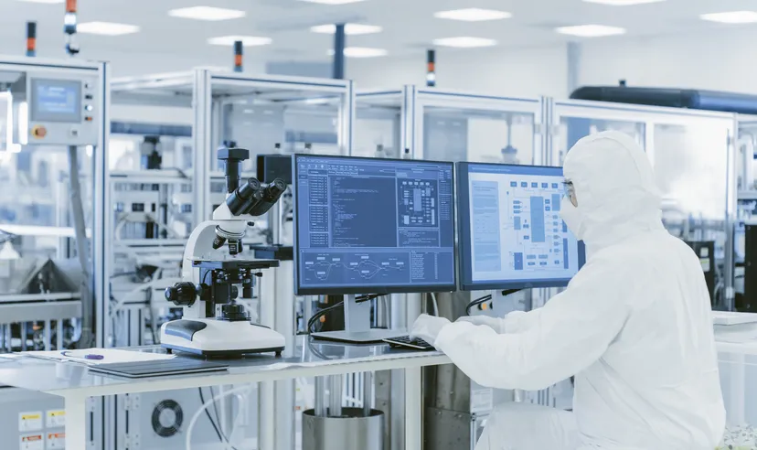 Over the shoulder view of a scientist in protective clothes in a laboratory