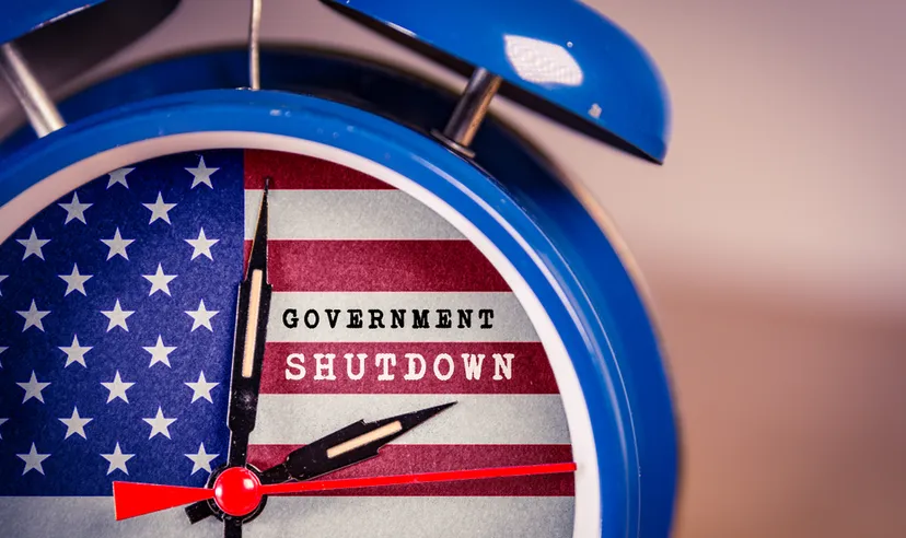 Retro alarm Clock with Government Shutdown text,and American Flag.