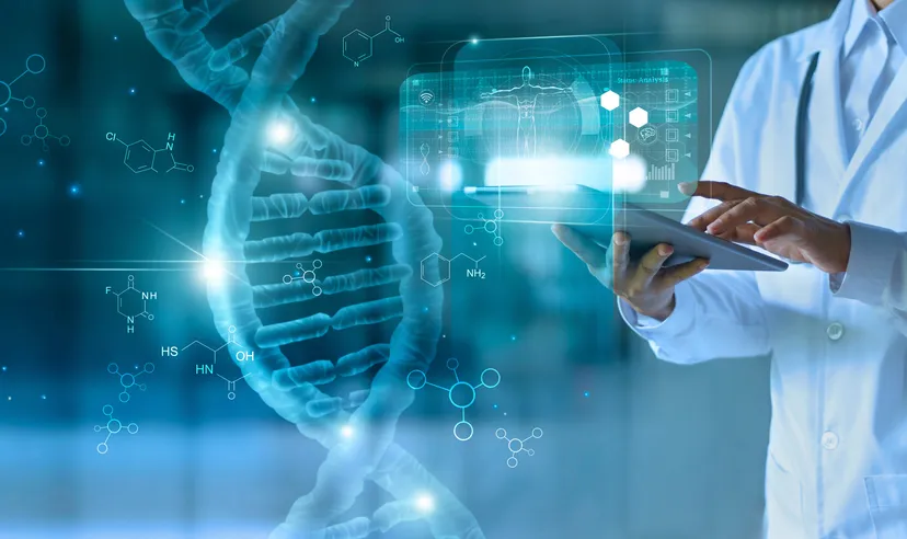 Doctor using tablet with DNA helix and code in the background
