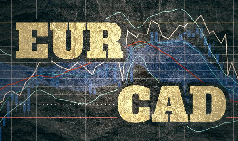 Forex candlestick pattern. Trading chart concept. Financial market chart. Currency pair. Acronym EUR - European Union currency. Acronym CAD - Canadian dollar.