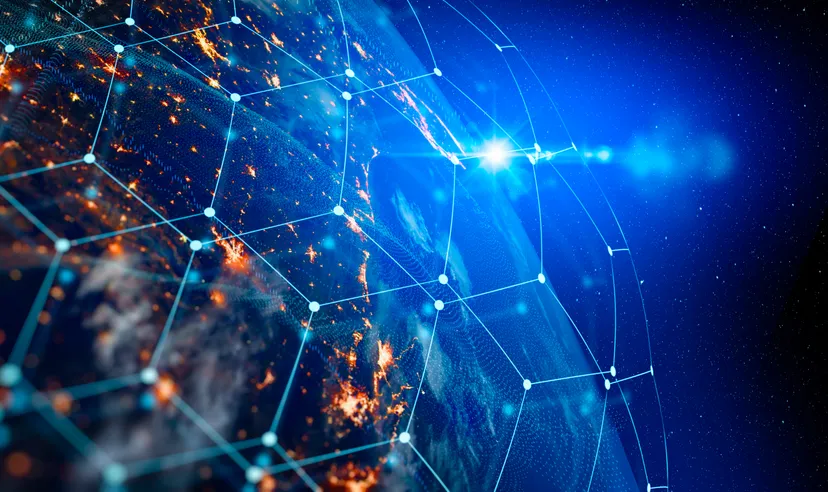 Communication technologies for internet business. Global world network and telecommunications on earth cryptocurrency, blockchain and IoT. Elements of this image furnished by NASA.