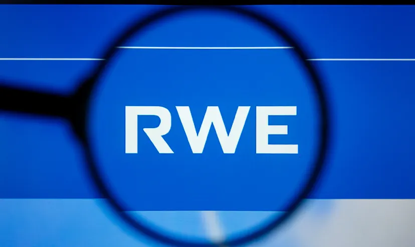 RWE logo displayed on a blue background.