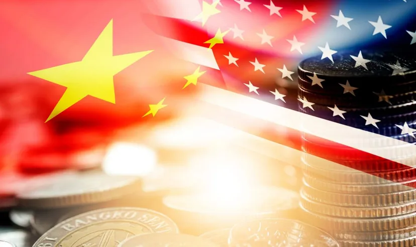 US and China flags with coins
