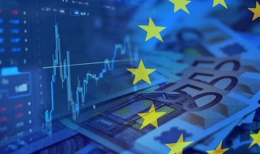 Stock market. Currency market. European flag. Stock market chart.