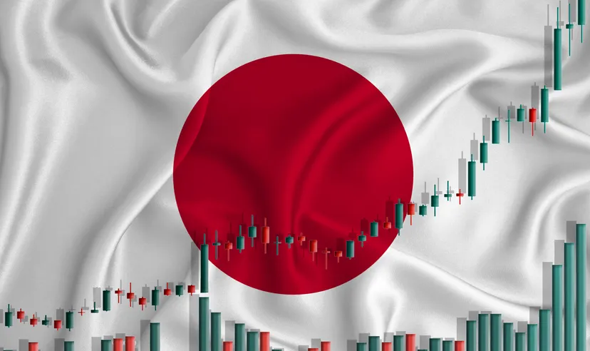 Rising against the backdrop of the Japan flag and stock price fluctuations. Rising stock prices of companies.