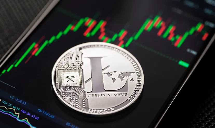 Who owns the most Litecoin? Silver litecoin cryptocurrency trading on smartphone close up