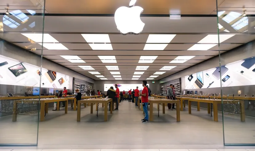 An apple divided into two halves.