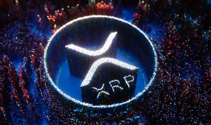 XRP logo depicted in white pinpoint lights on a blue and multicoloured background of pinpoint lights