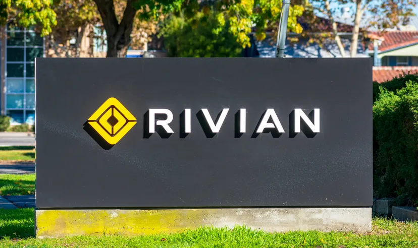 Rivian sign logo at headquarters in Silicon Valley.