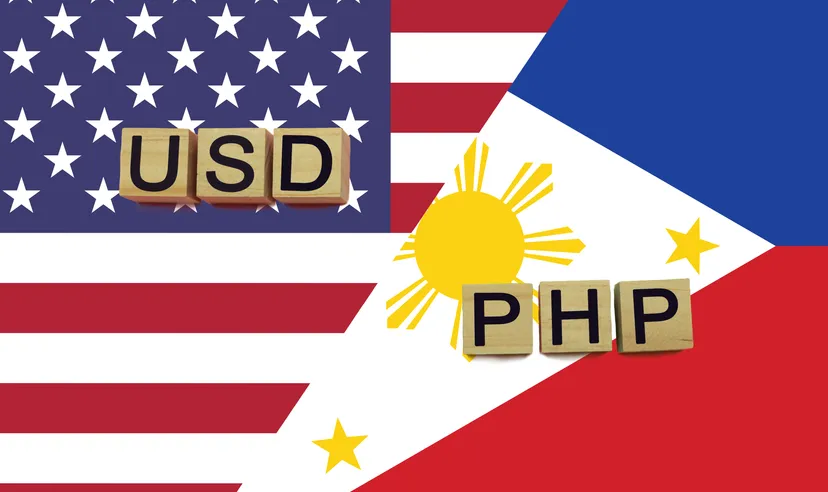 American and Philippine currencies codes on national flags background. 