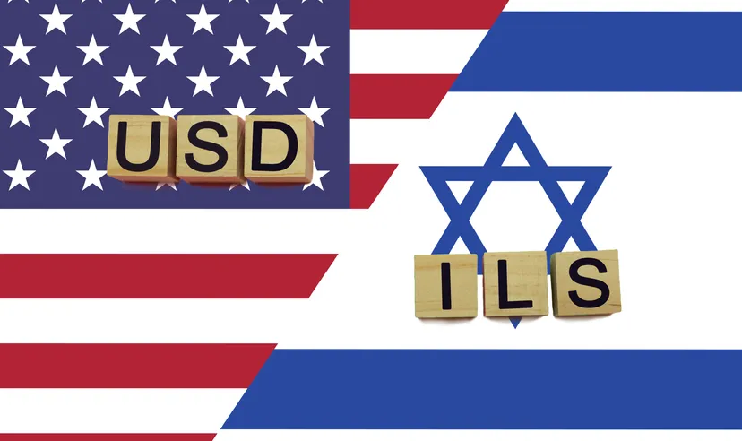 USA and Israel currencies codes on national flags background. USD and ILS currencies