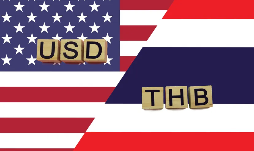 USA and Thailand currencies codes on national flags background. USD and THB currencies