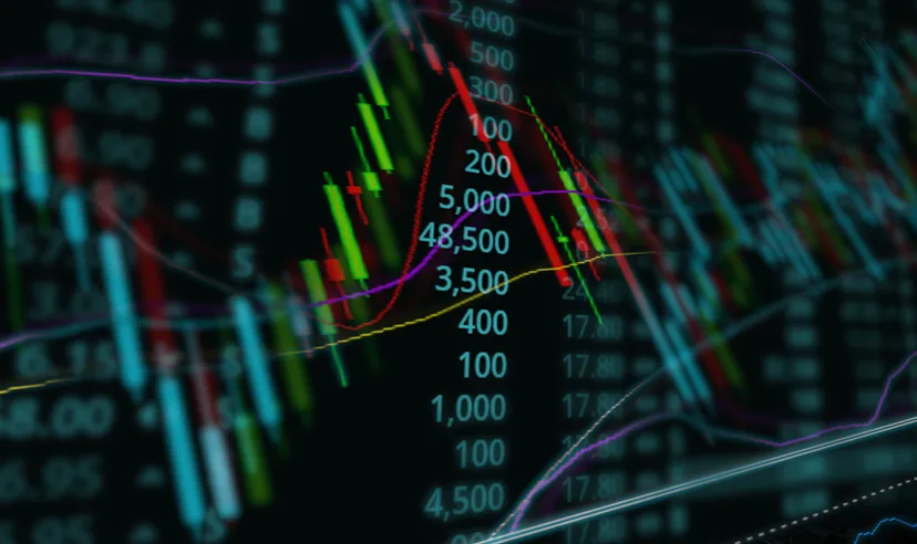 Representative candlestick chart with a double exposure of a graph to illustrate finance