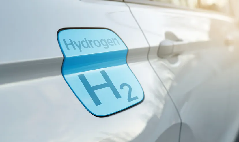 Wasserstoff-Brennstoffzellen-Auto mit H₂-Kennzeichnung auf der Karosserie.