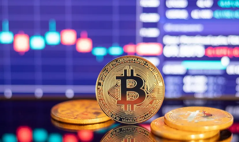 Gold Bitcoin crypto currency on background of chart diagram