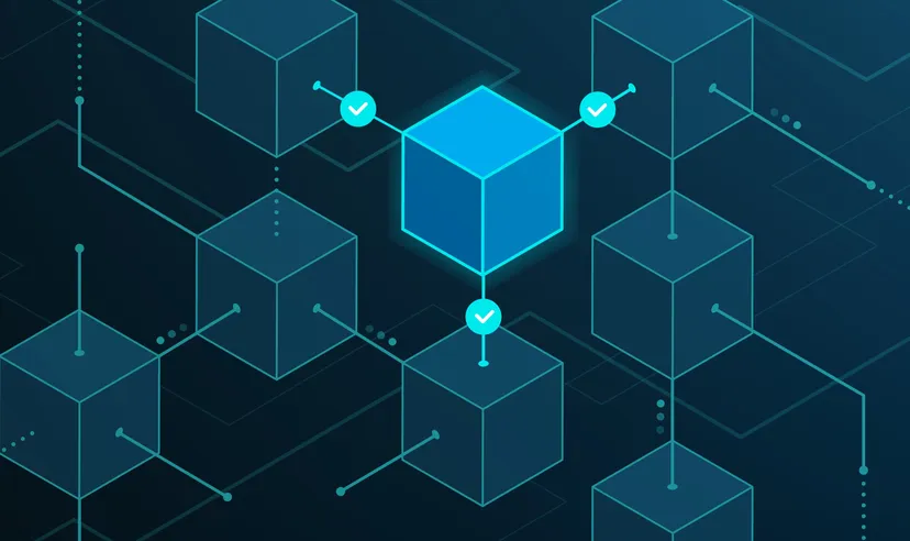 Representation of a blockchain with blocks connected to each with links that include a tick