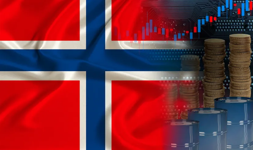 national flag of Norway on silk, barrels of oil, metal coins, oil futures trading concept, growth of DBO index on stock exchange, global world trade, falling and rises oil prices