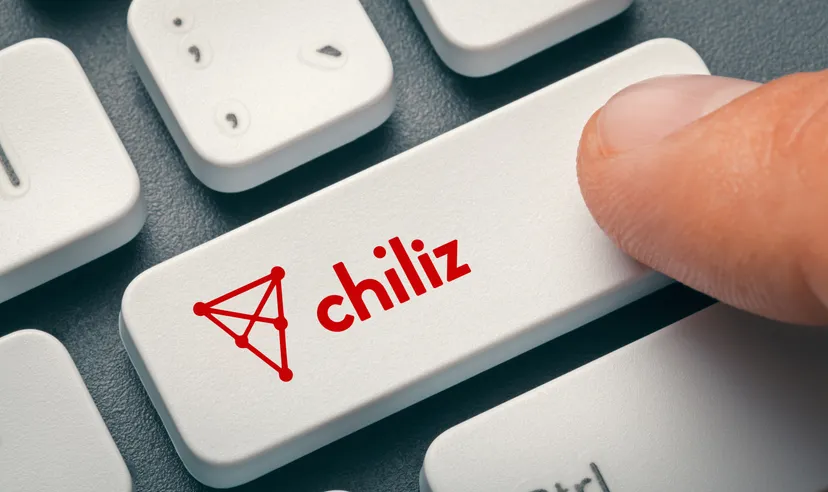 Close-up of a computer keyboard with the Chiliz logo on it